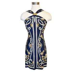 Cache VTG Rope Tassel Print Halter Dress XS Gold Metal Cinch Old Money Blue